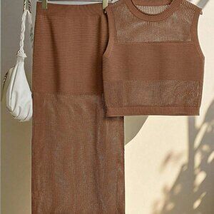 Brown Casual Women's Vacation Hollow Knitting Cardigan and Mini Skirt